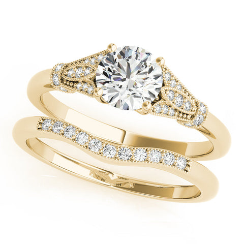 Yellow gold Round Brilliant Solitaire with Pave Band and Four-Prong Setting