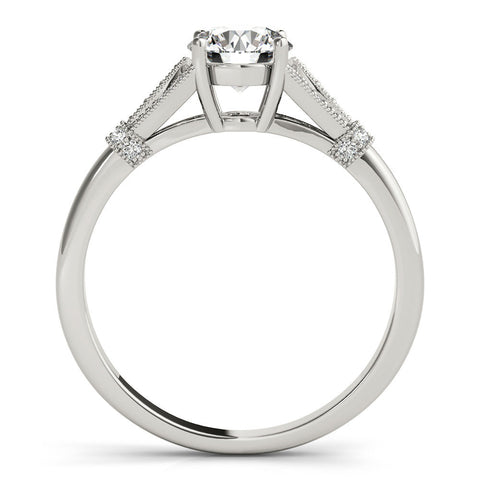 Silver Round Brilliant Solitaire with Pave Band and Four-Prong Setting