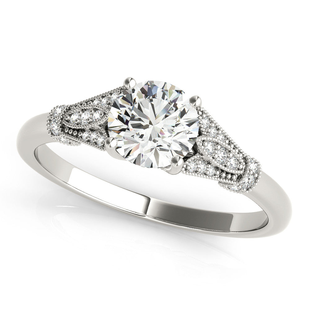 Silver Round Brilliant Solitaire with Pave Band and Four-Prong Setting