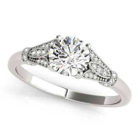 Silver Round Brilliant Solitaire with Pave Band and Four-Prong Setting