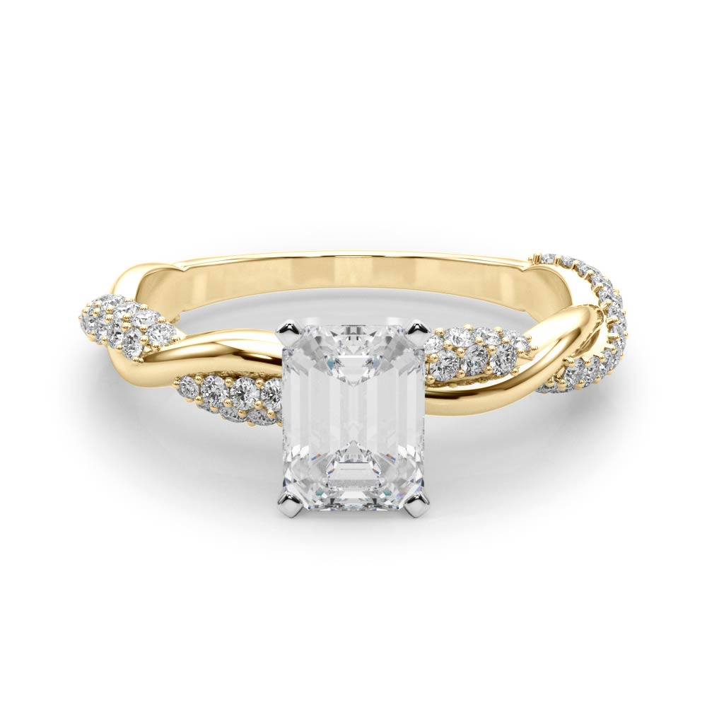 Yellow gold Radiant Solitaire Twist Band with Pave Prong Setting