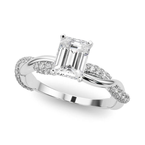 White gold Radiant Solitaire Twist Band with Pave Prong Setting