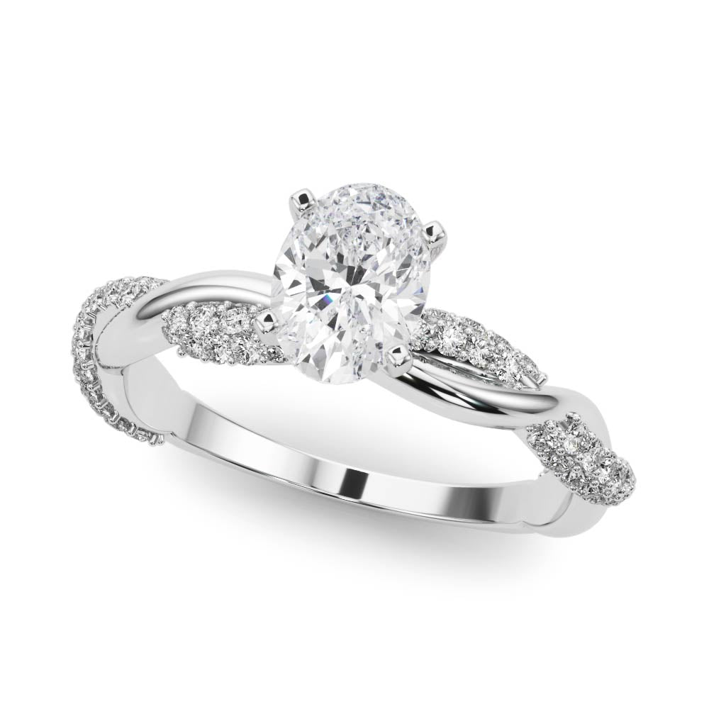 White gold Oval Solitaire Twist Band with Pave Prong Setting