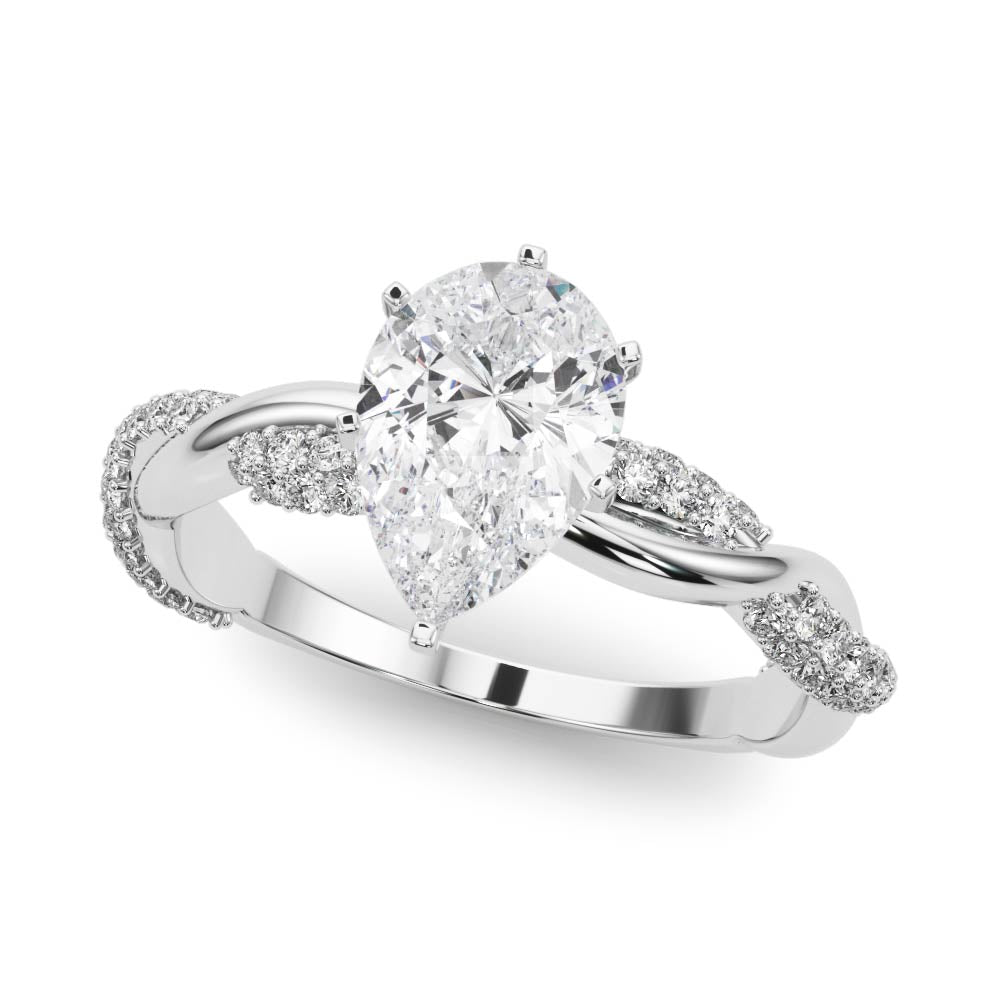 White gold Pear Solitaire Twist Band with Pave Prong Setting