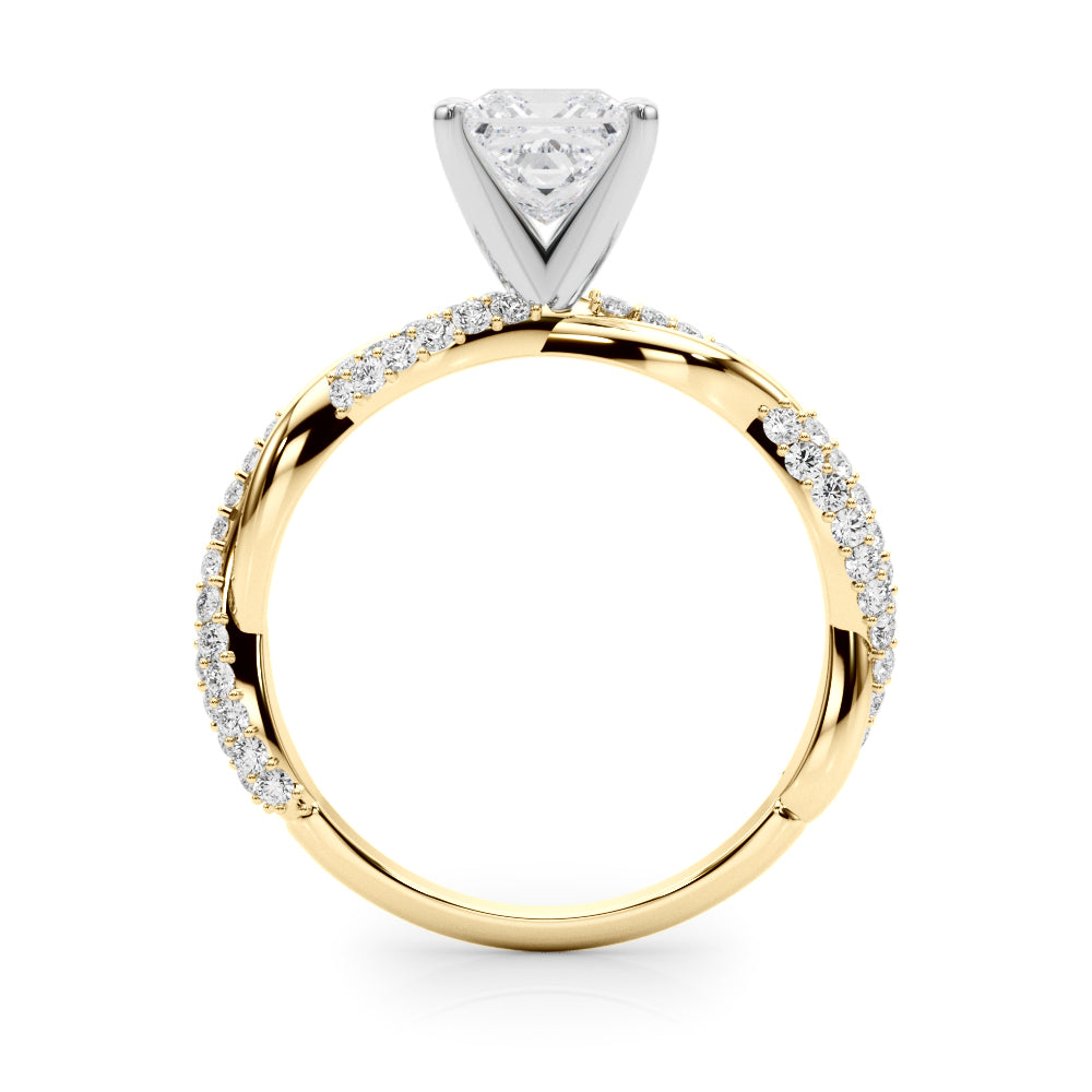 Yellow gold Princess Solitaire Twist Band with Pave Prong Setting