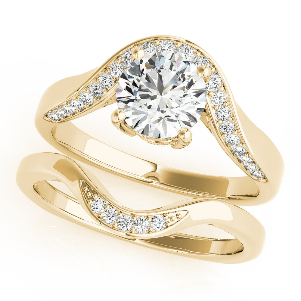 Yellow gold Round Solitaire Diamond Engagement Ring with Pave Band and Four-Prong Setting