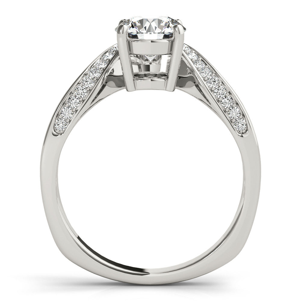White gold Round Solitaire Diamond Engagement Ring with Pave Band and Four-Prong Setting
