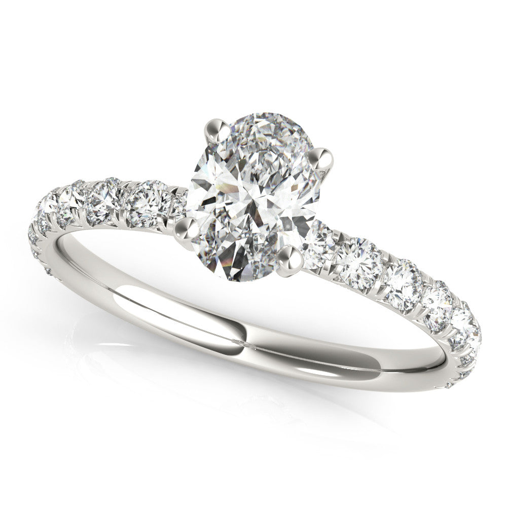 Platinum Oval Cut Diamond Pavé Band Solitaire with Four-Prong Setting