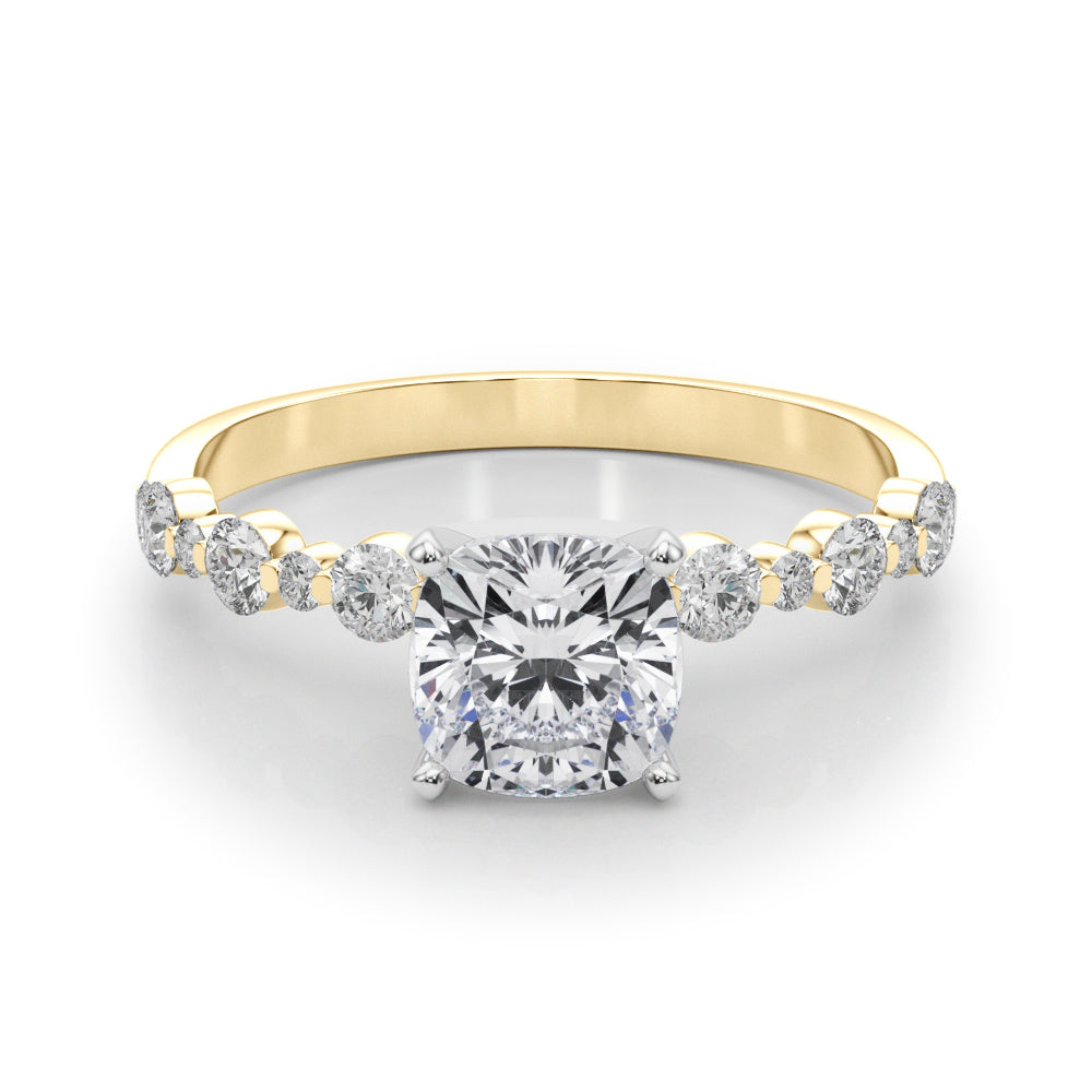 Yellow gold Cushion Diamond Prong Set Engagement Ring with Pave Band
