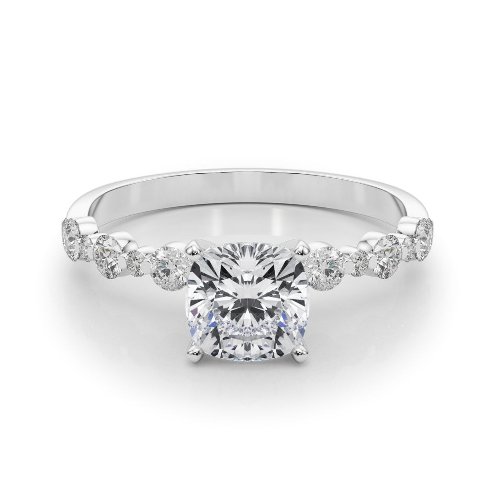 Platinum Cushion Diamond Prong Set Engagement Ring with Pave Band