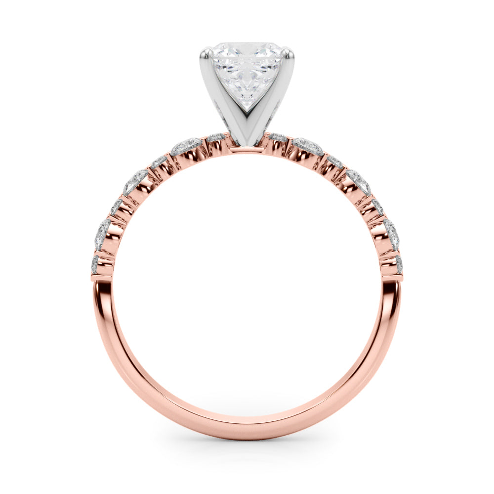 Rose gold Cushion Diamond Prong Set Engagement Ring with Pave Band