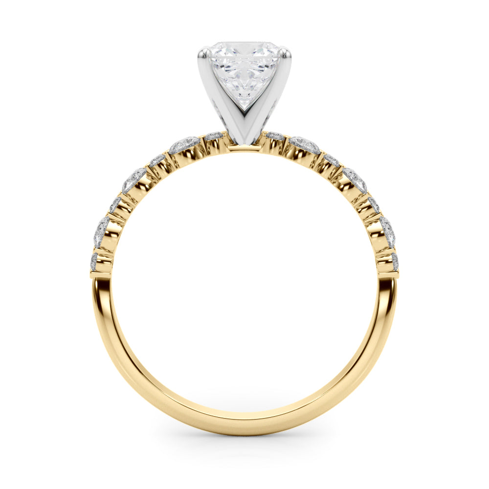 Yellow gold Cushion Diamond Prong Set Engagement Ring with Pave Band