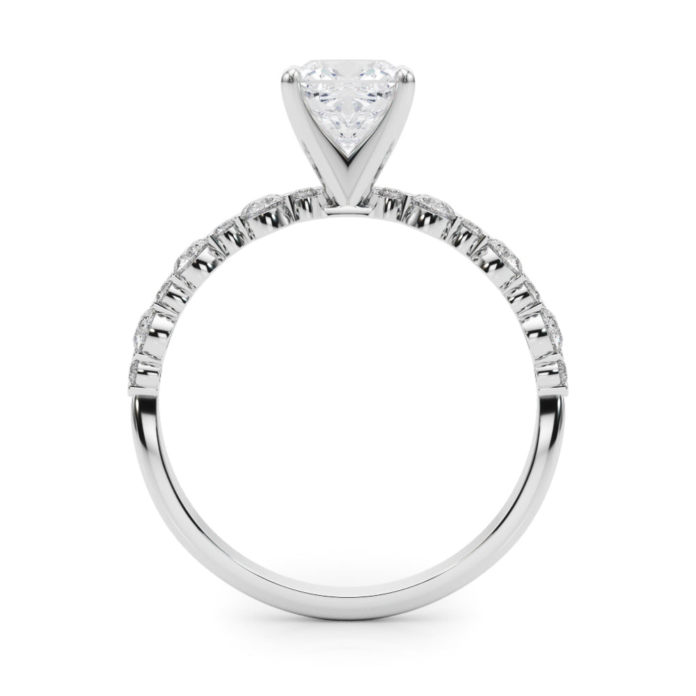 Platinum Cushion Diamond Prong Set Engagement Ring with Pave Band