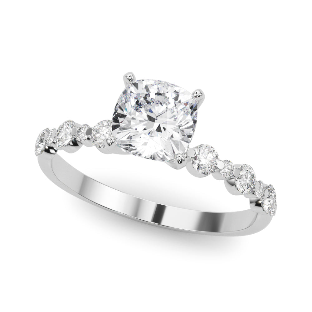 Platinum Cushion Diamond Prong Set Engagement Ring with Pave Band
