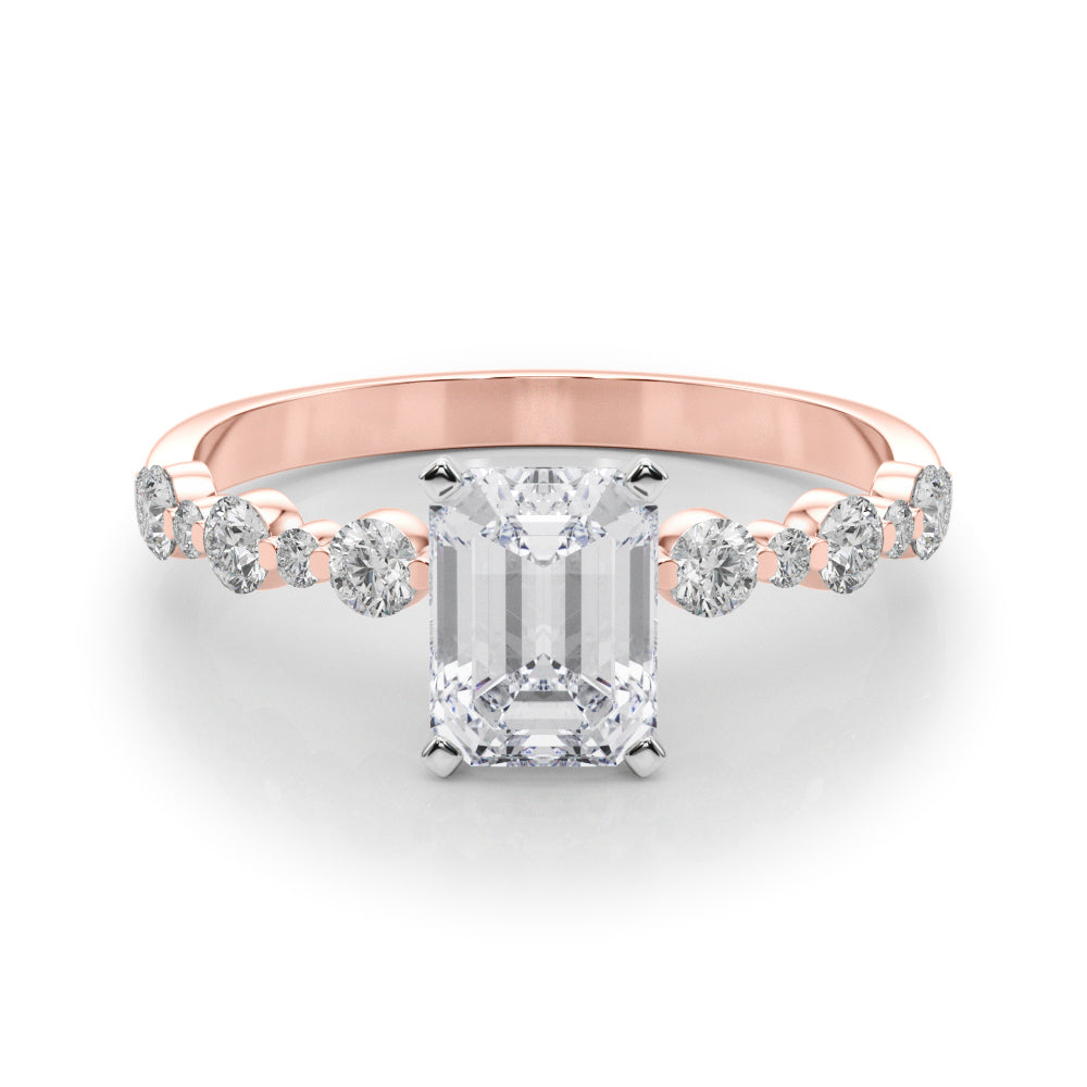 Rose gold Emerald Diamond Prong Set Engagement Ring with Pave Band