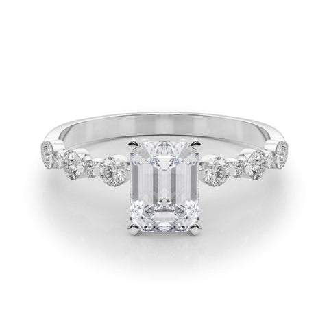 Silver Emerald Diamond Prong Set Engagement Ring with Pave Band