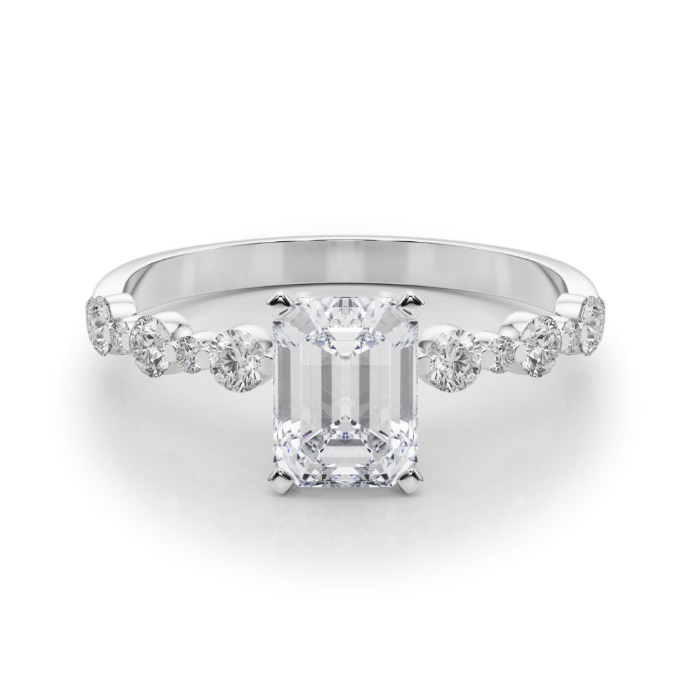 Platinum Emerald Diamond Prong Set Engagement Ring with Pave Band