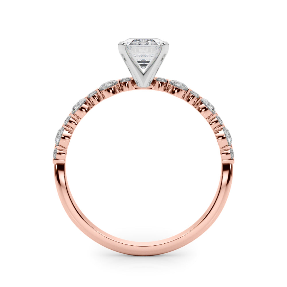 Rose gold Emerald Diamond Prong Set Engagement Ring with Pave Band