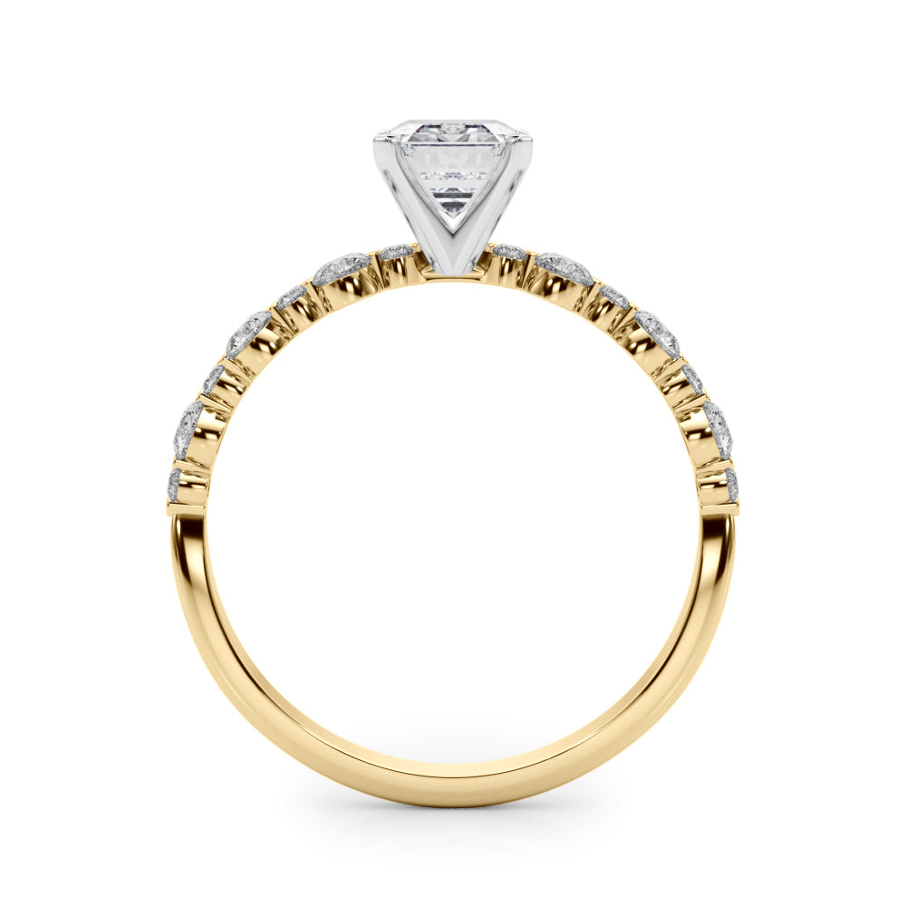 Yellow gold Emerald Diamond Prong Set Engagement Ring with Pave Band