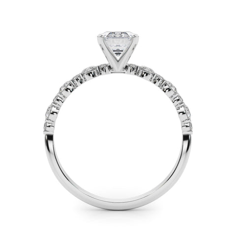 Silver Emerald Diamond Prong Set Engagement Ring with Pave Band