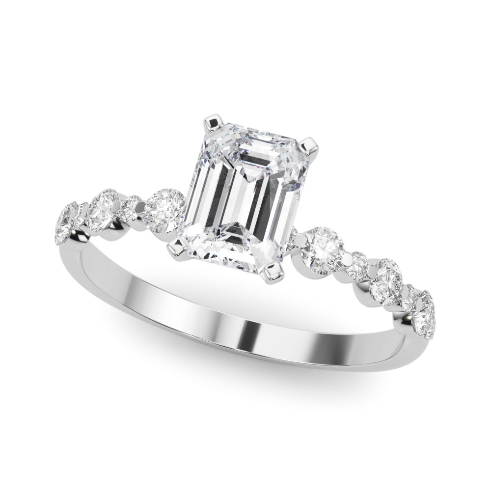 Platinum Emerald Diamond Prong Set Engagement Ring with Pave Band
