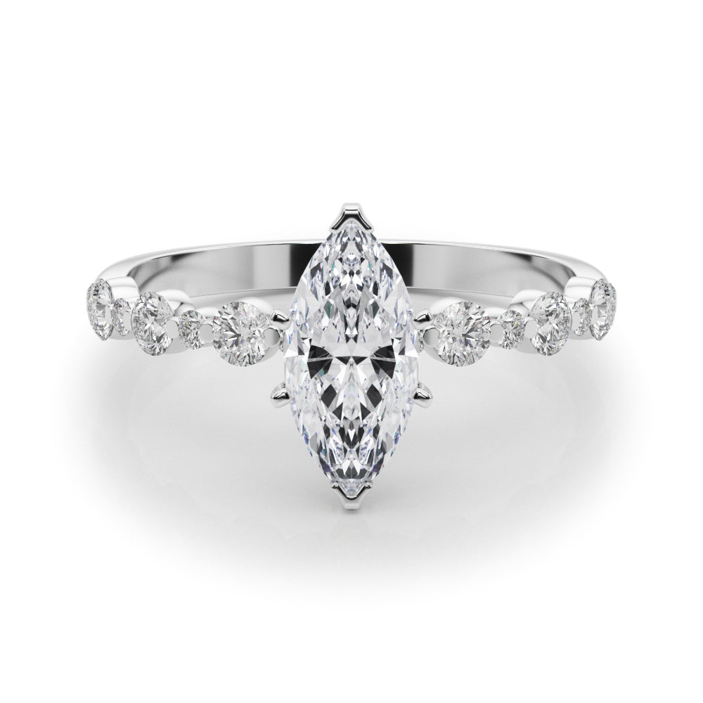 Platinum Marquise Diamond Prong Set Engagement Ring with Pave Band