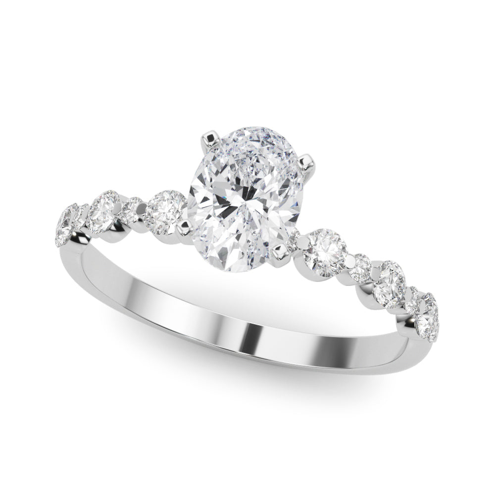 Silver Oval Diamond Prong Set Engagement Ring with Pave Band