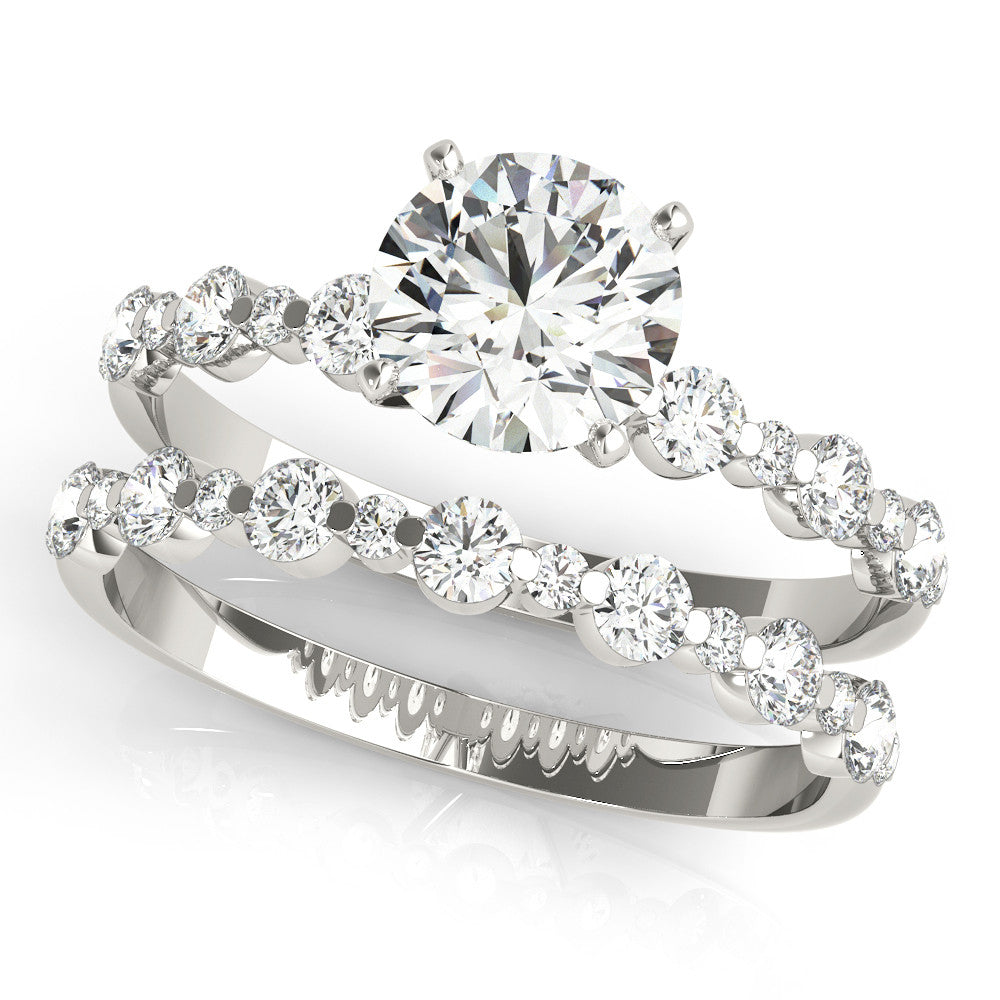 Platinum Round Diamond Prong Set Engagement Ring with Pave Band