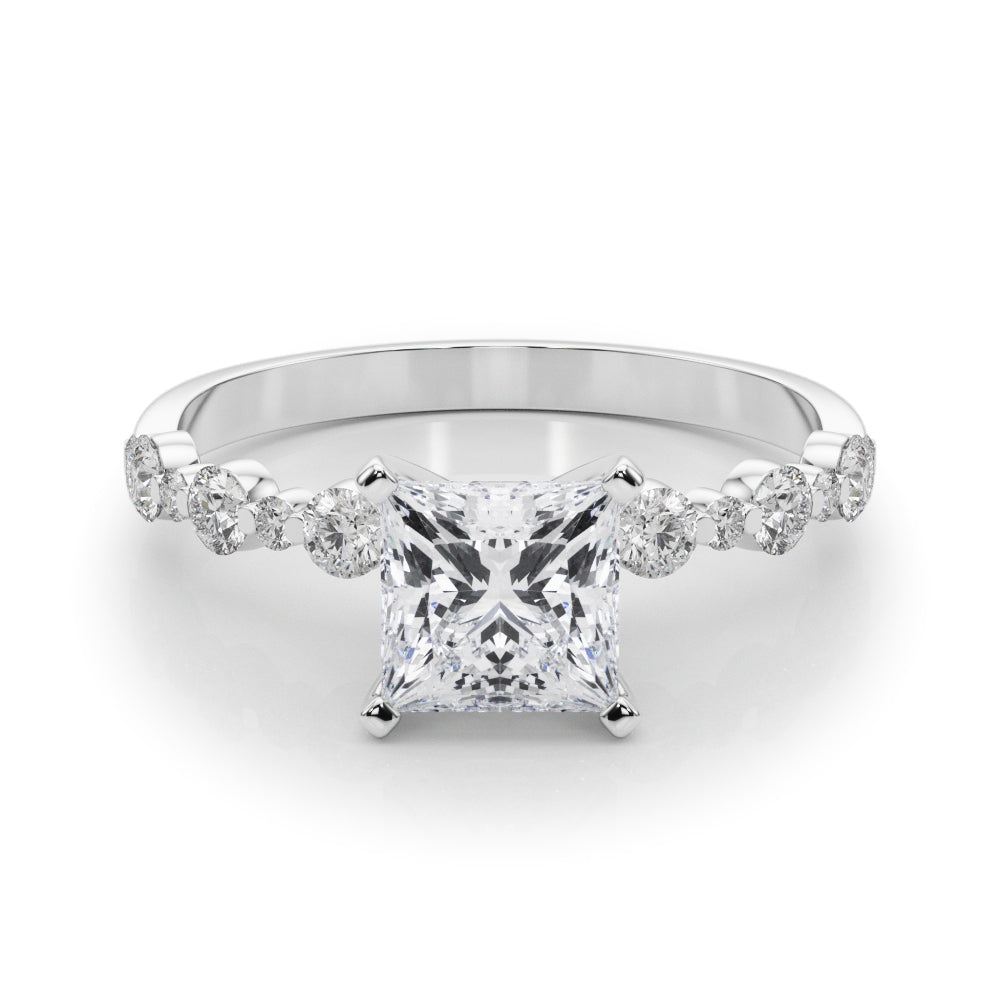 Platinum Princess Diamond Prong Set Engagement Ring with Pave Band