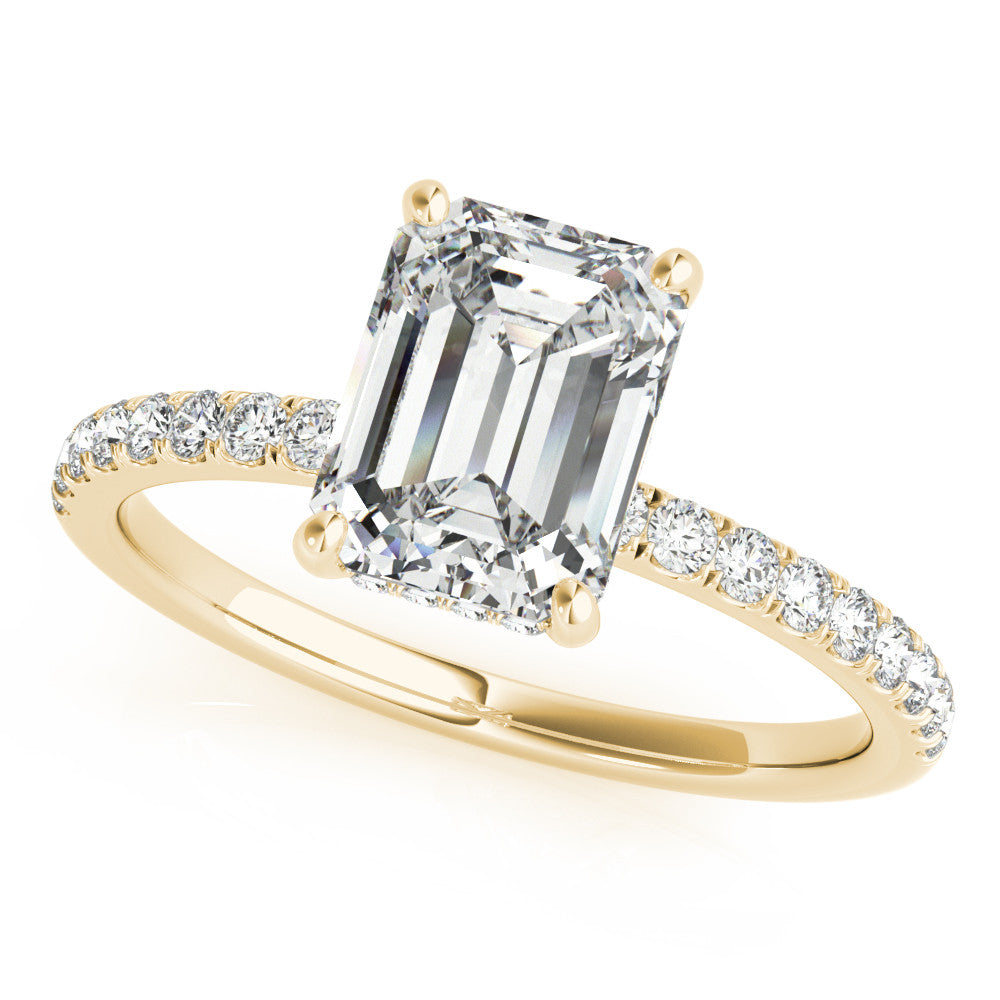 Yellow gold Marquise Cut Diamond Pave Band Solitaire Ring with Four-Prong Setting