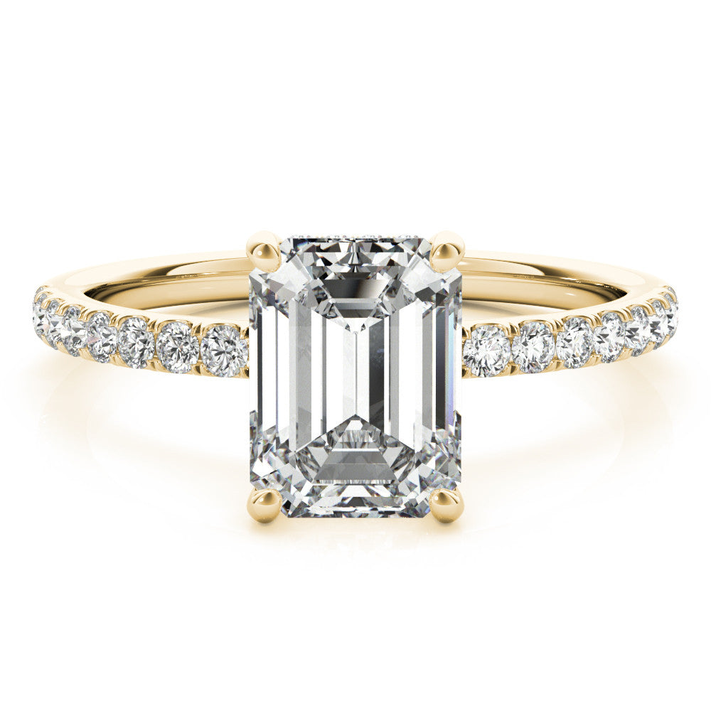 Yellow gold Marquise Cut Diamond Pave Band Solitaire Ring with Four-Prong Setting