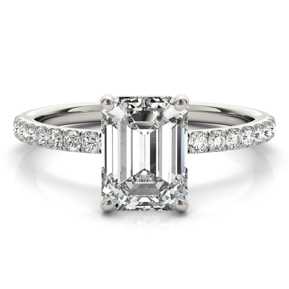 White gold Emerald Cut Diamond Pave Band Solitaire Ring with Four-Prong Setting