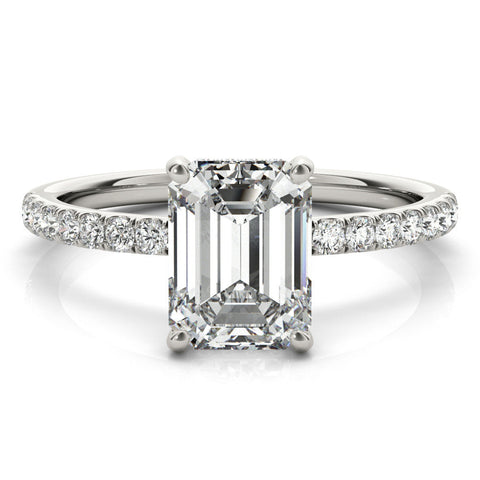 White gold Radiant Cut Diamond Pave Band Solitaire Ring with Four-Prong Setting