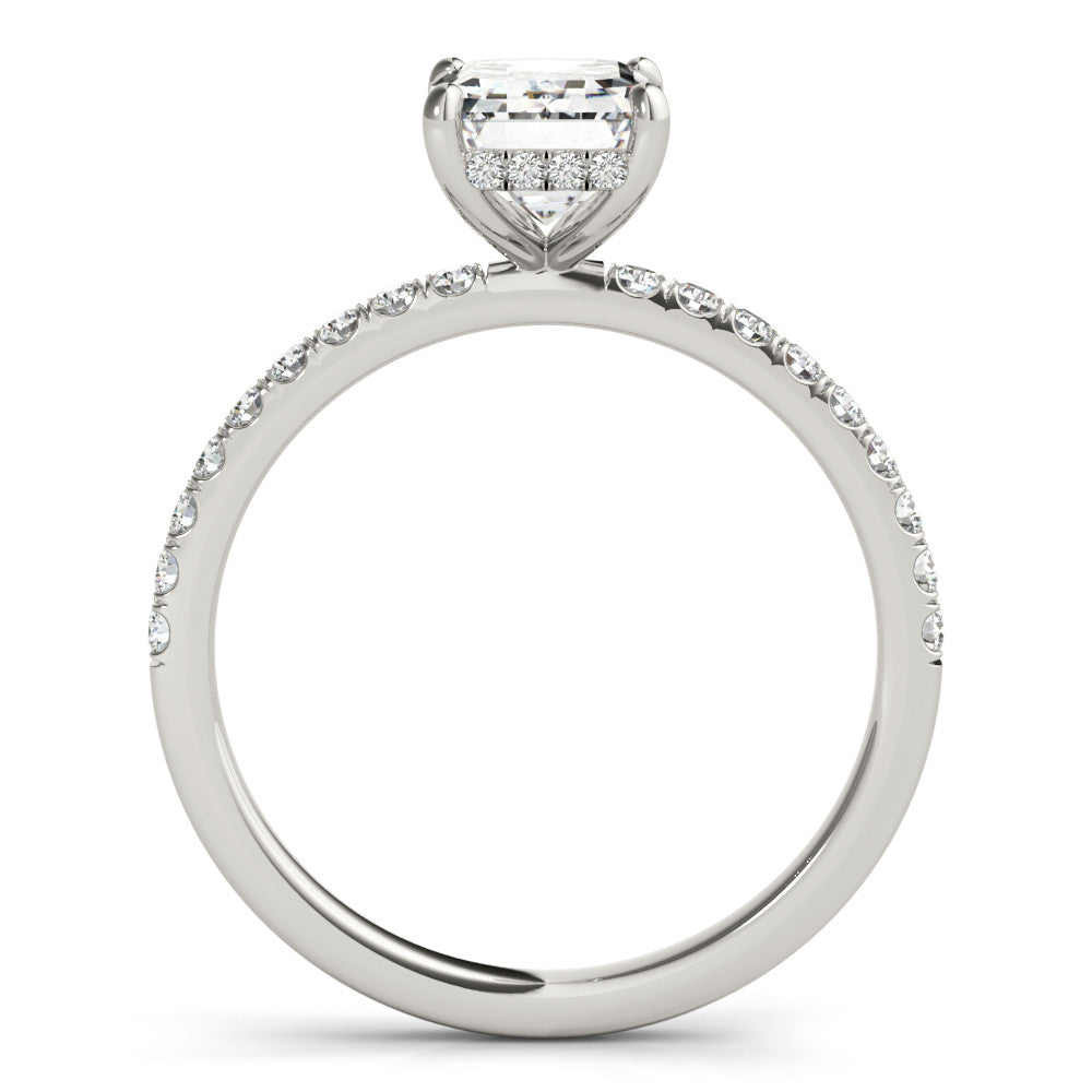 White gold Cushion Cut Diamond Pave Band Solitaire Ring with Four-Prong Setting