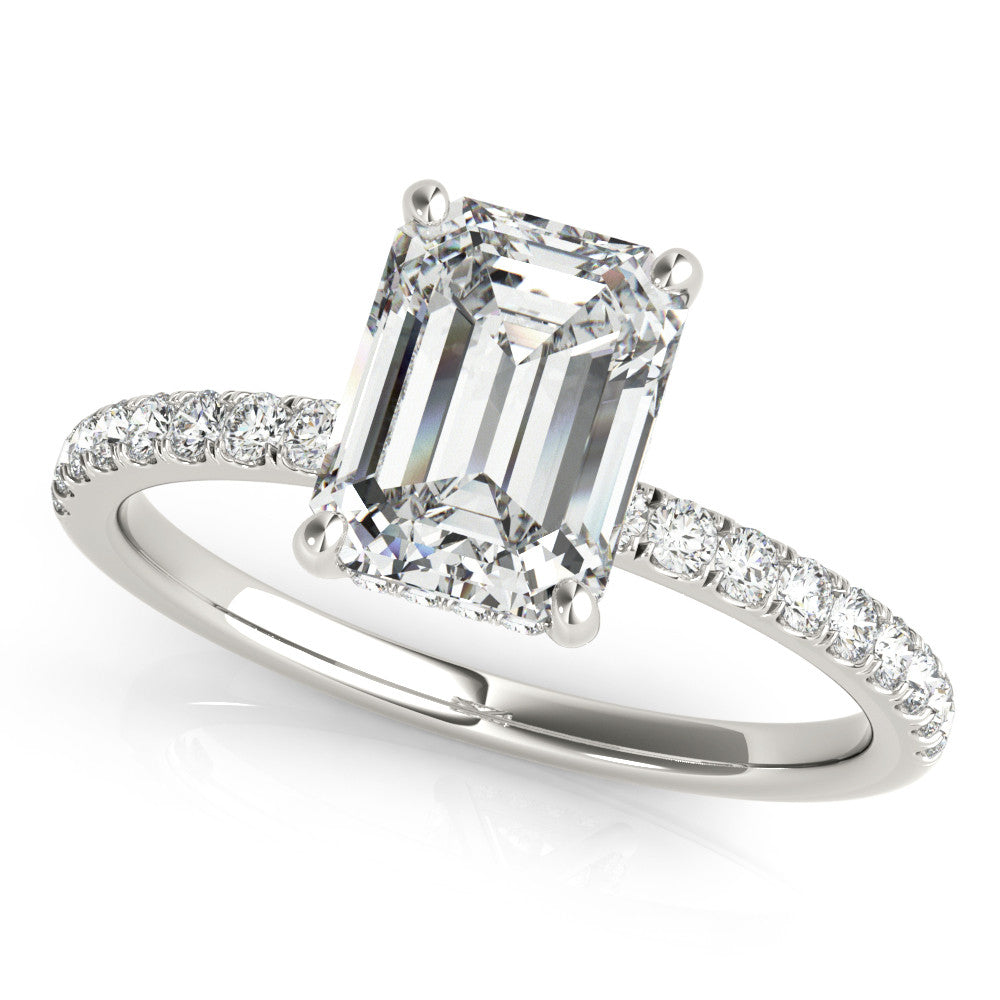 Silver Cushion Cut Diamond Pave Band Solitaire Ring with Four-Prong Setting