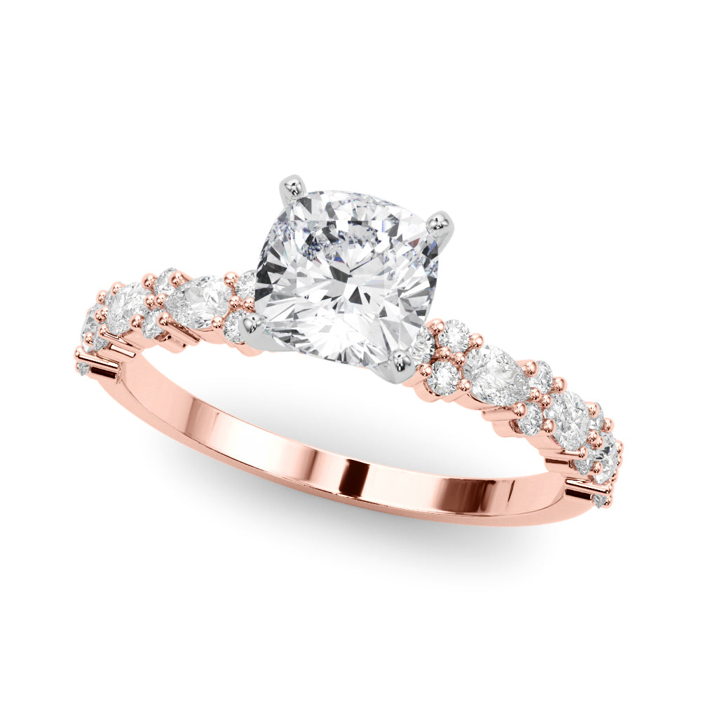 Rose gold Cushion Solitaire with Side Stones, Pave Band, Four-Prong Setting