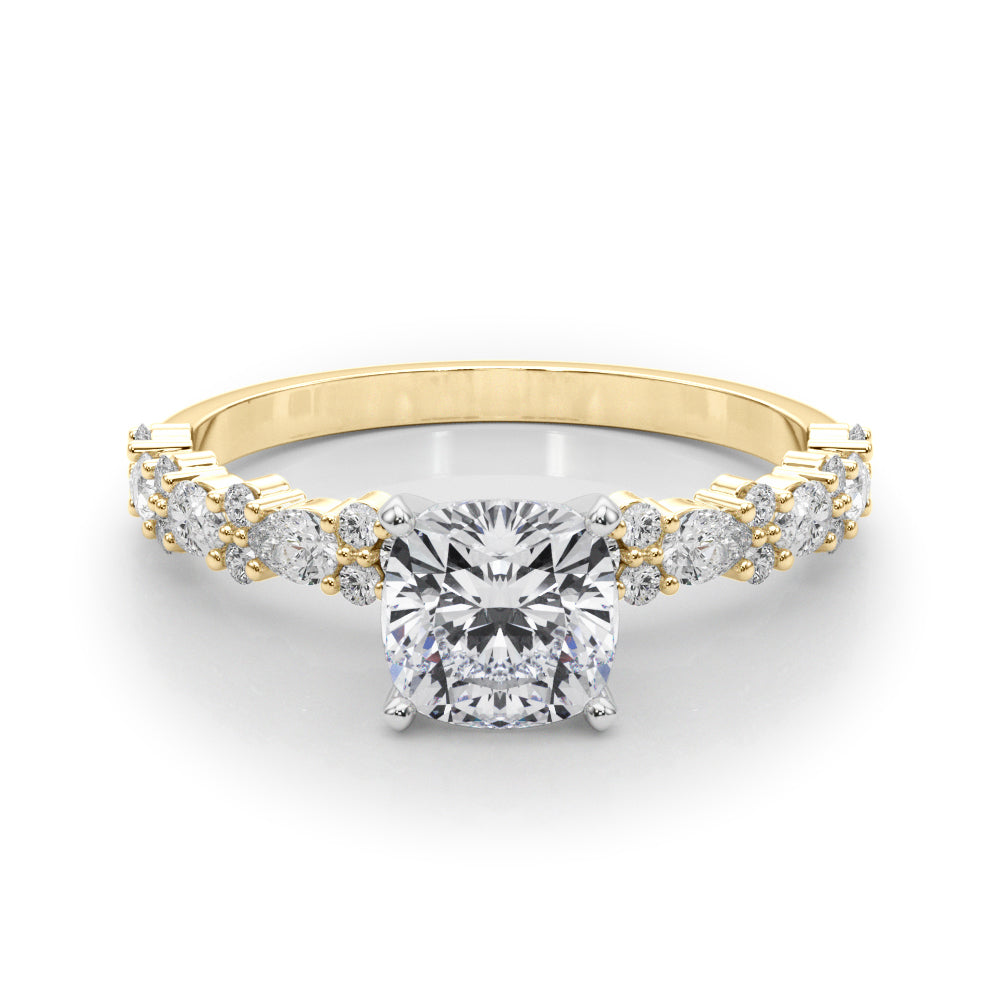 Yellow gold Cushion Solitaire with Side Stones, Pave Band, Four-Prong Setting