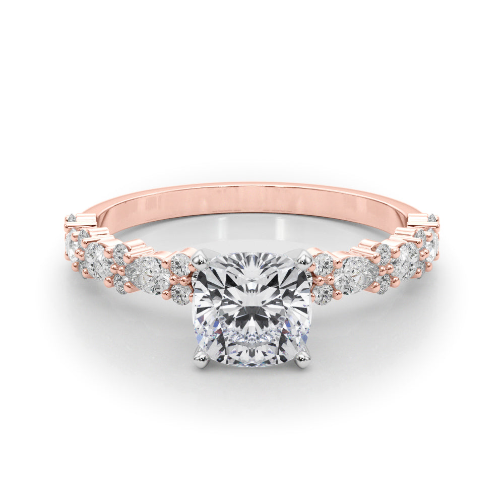Rose gold Cushion Solitaire with Side Stones, Pave Band, Four-Prong Setting