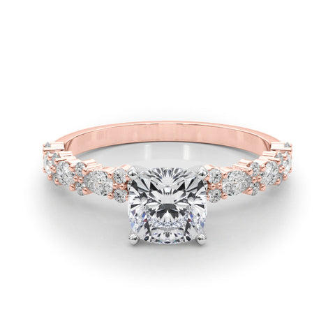 Rose gold Cushion Solitaire with Side Stones, Pave Band, Four-Prong Setting