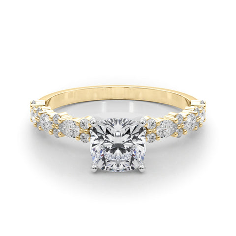 Yellow gold Cushion Solitaire with Side Stones, Pave Band, Four-Prong Setting
