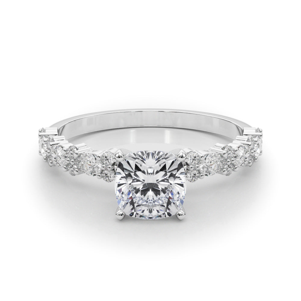 White gold Cushion Solitaire with Side Stones, Pave Band, Four-Prong Setting
