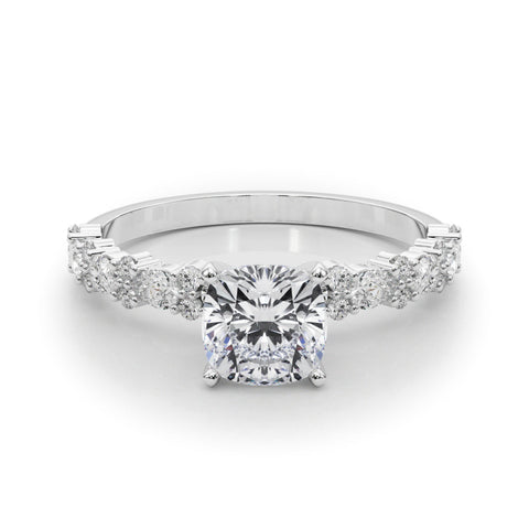 White gold Cushion Solitaire with Side Stones, Pave Band, Four-Prong Setting