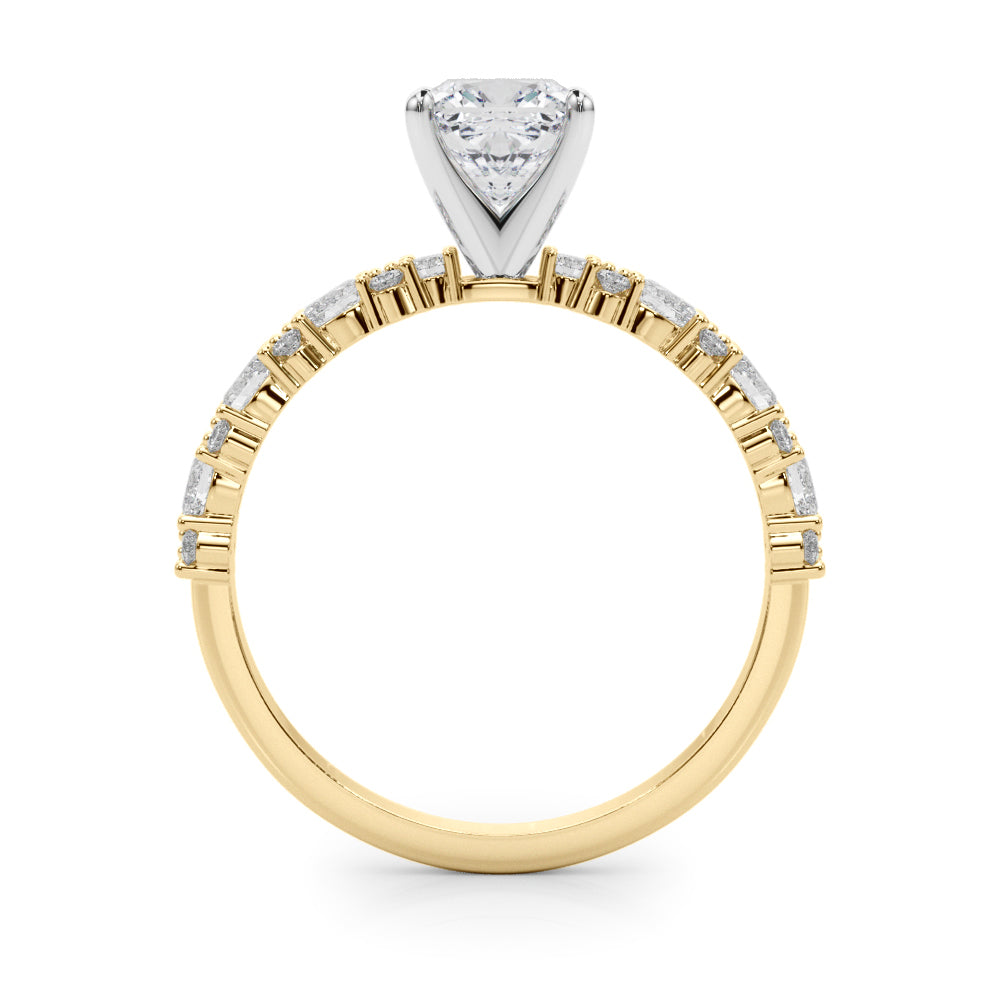 Yellow gold Cushion Solitaire with Side Stones, Pave Band, Four-Prong Setting