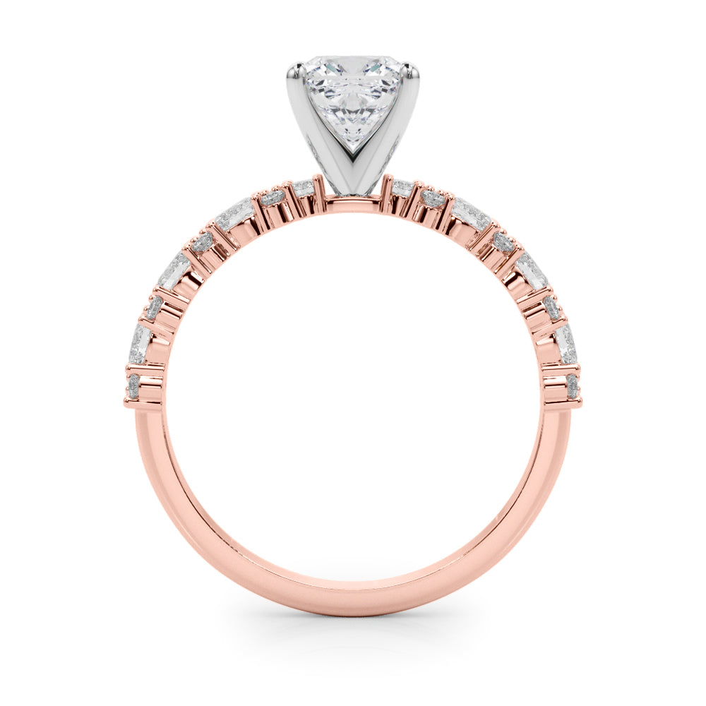 Rose gold Cushion Solitaire with Side Stones, Pave Band, Four-Prong Setting
