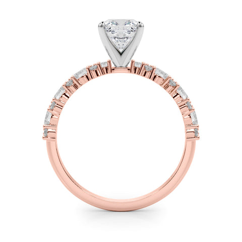 Rose gold Cushion Solitaire with Side Stones, Pave Band, Four-Prong Setting