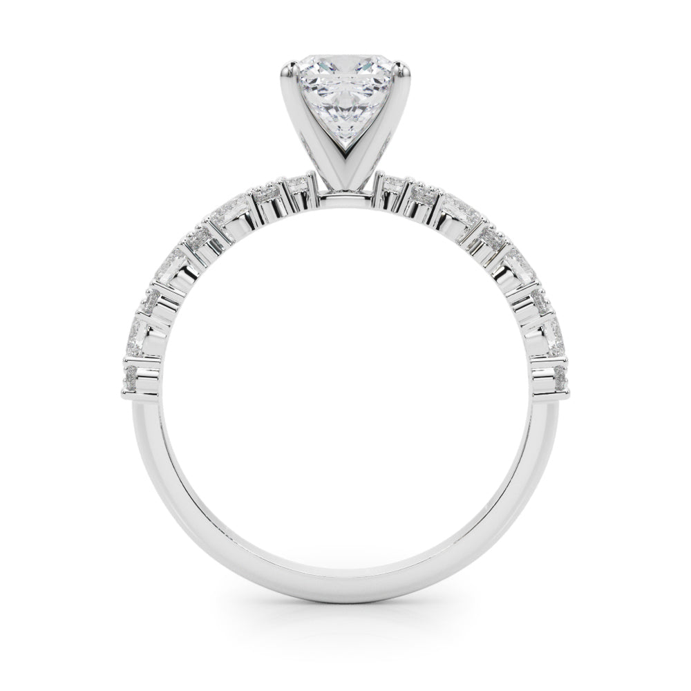 White gold Cushion Solitaire with Side Stones, Pave Band, Four-Prong Setting