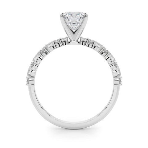 White gold Cushion Solitaire with Side Stones, Pave Band, Four-Prong Setting
