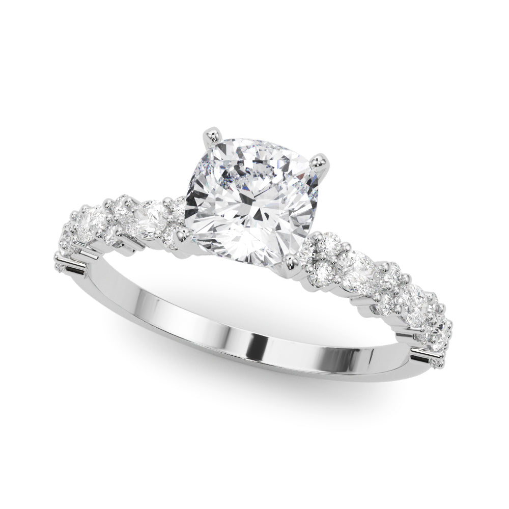 White gold Cushion Solitaire with Side Stones, Pave Band, Four-Prong Setting
