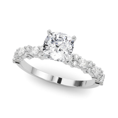 White gold Cushion Solitaire with Side Stones, Pave Band, Four-Prong Setting