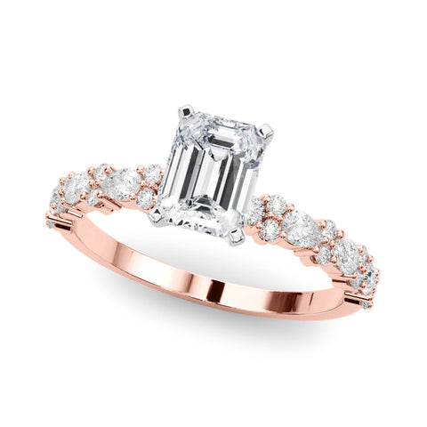 Rose gold Emerald Solitaire with Side Stones, Pave Band, Four-Prong Setting